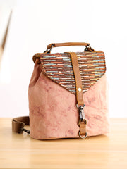 Cute Canvas Leather Mens Womens Small Pink Backpack Khaki Travel Backpack College Backpack for Men - iwalletsmen