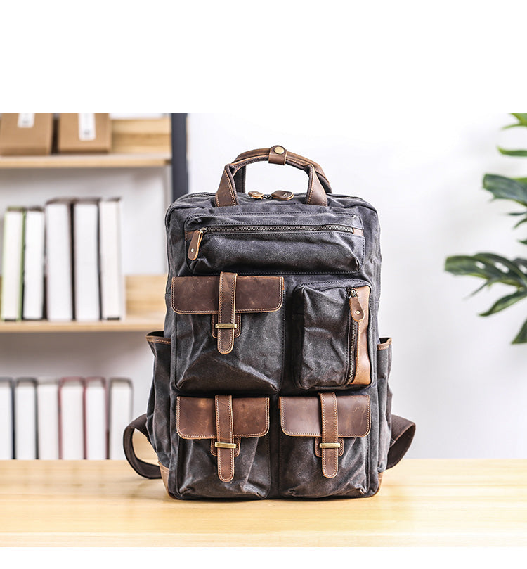 Cool Waxed Canvas Leather Mens Waterproof 15'' Backpack Gray Travel Backpack Hiking Backpack for Men - iwalletsmen