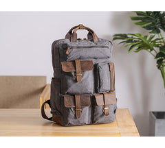 Cool Waxed Canvas Leather Mens Waterproof 15'' Backpack Gray Travel Backpack Hiking Backpack for Men - iwalletsmen