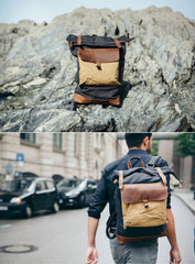 Cool Canvas Leather Mens Large Waterproof Green Backpack Travel Backpack Black Computer Backpack for Men - iwalletsmen