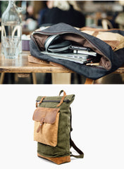 Cool Canvas Leather Mens Large Waterproof Green Backpack Travel Backpack Black Computer Backpack for Men - iwalletsmen