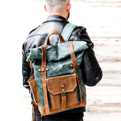 Cool Canvas Leather Mens Large Waterproof Travel Backpack Green Computer Hiking Backpack for Men - iwalletsmen