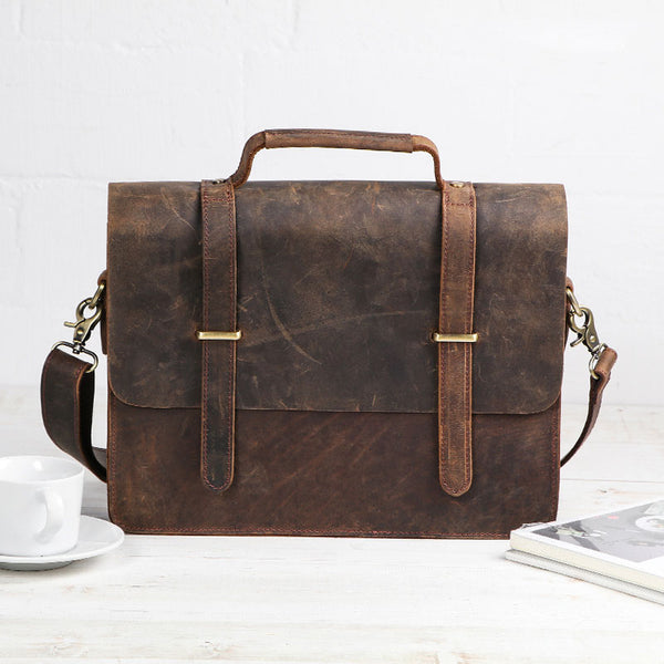 Cool Coffee Leather Mens Briefcase Work Shoulder Bag Laptop Bag Business Bag for Men - iwalletsmen