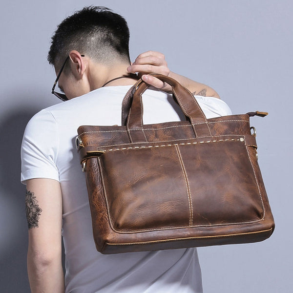 Cool Coffee Leather Mens Briefcases Work Bag Laptop Bag Business Bag for Men - iwalletsmen