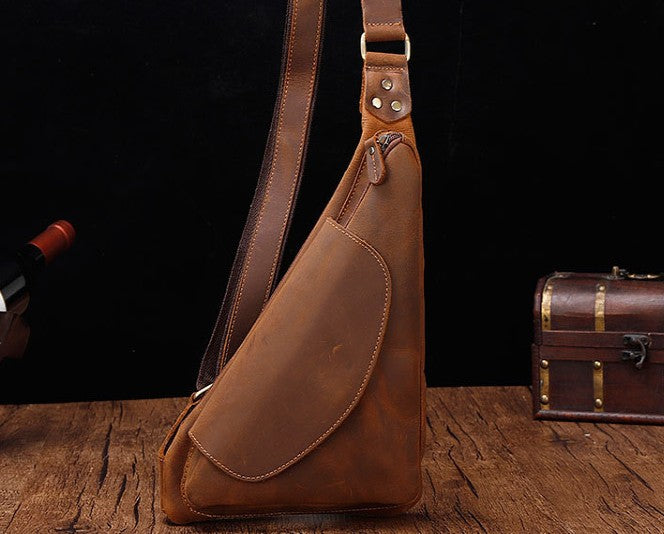 Cool Brown Leather Triangular Chest Bag Sling Bag Sling Crossbody Bag For Mens - iwalletsmen