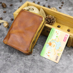 Brown Leather Men's Yellow Zipper Camel Small Wallet Bifold billfold Card Wallet For Men - iwalletsmen