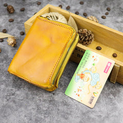 Brown Leather Men's Yellow Zipper Camel Small Wallet Bifold billfold Card Wallet For Men - iwalletsmen