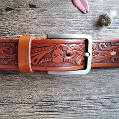 Cool Handmade Brown Floral Tooled Leather Mens Belt Coffee Leather Belts for Men - iwalletsmen