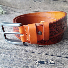 Cool Handmade Brown Floral Tooled Leather Mens Belt Coffee Leather Belts for Men - iwalletsmen