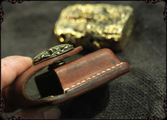 Cool Handmade Brown Leather Mens Zippo Lighter Case Heavy Armor Lighter Holder for Men - iwalletsmen