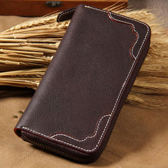 Cool Handmade Leather Coffee Mens Clutch Vintage Zipper Wallet for Men