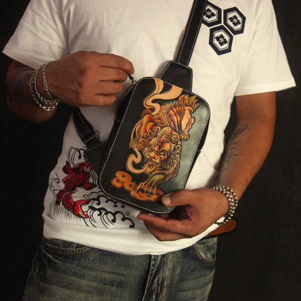 Cool Handmade Tooled Leather Tang Lion Sling Bag Chest Bag One Shoulder Backpack For Men - iwalletsmen