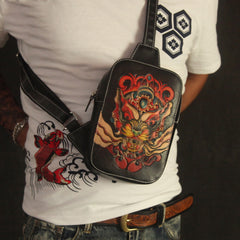 Cool Handmade Tooled Leather Tang Lion Sling Bag Chest Bag One Shoulder Backpack For Men - iwalletsmen