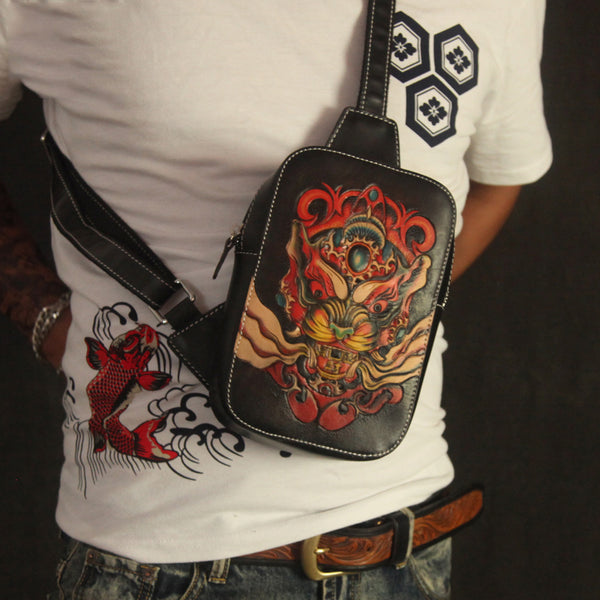 Cool Handmade Tooled Leather Brave Troops Sling Bag Chest Bag One Shoulder Backpack For Men - iwalletsmen