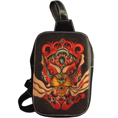 Cool Handmade Tooled Leather Tang Lion Sling Bag Chest Bag One Shoulder Backpack For Men - iwalletsmen