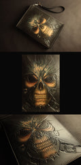 Cool Handmade Tooled Leather Black Skull Clutch Wallet Wristlet Bag Clutch Purse For Men - iwalletsmen