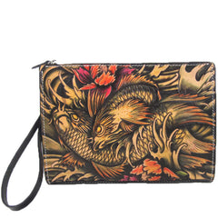 Cool Handmade Tooled Leather Tan Floral Clutch Wallet Wristlet Bag Clutch Purse For Men - iwalletsmen