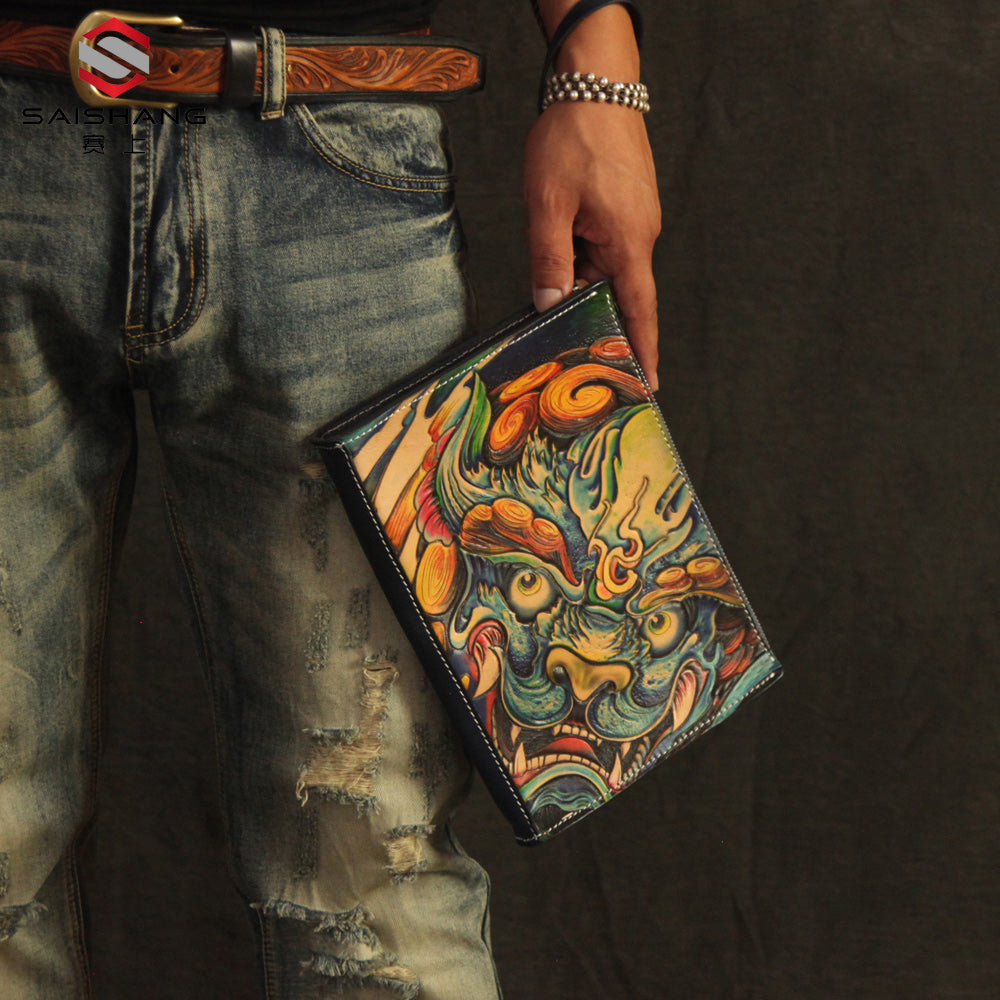 Cool Handmade Tooled Leather Tan Chinese Lion Clutch Wallet Wristlet Bag Clutch Purse For Men - iwalletsmen