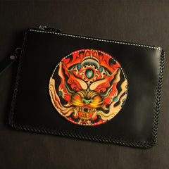 Cool Handmade Tooled Leather Floral Skull Clutch Wallet Wristlet Bag Clutch Purse For Men - iwalletsmen