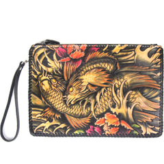 Cool Handmade Tooled Leather Carp Clutch Wallet Wristlet Bags Clutch Purse For Men - iwalletsmen