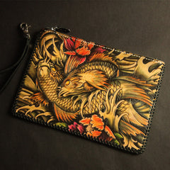 Cool Handmade Tooled Leather Floral Skull Clutch Wallet Wristlet Bag Clutch Purse For Men - iwalletsmen