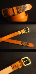 Cool Handmade Yellow Brown Skull Tooled Leather Mens Belt Carved Leather Belt for Men - iwalletsmen