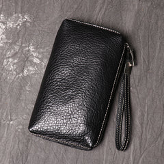 Cool Leather Black Long Wallet for Men Vintage Brown Zipper Clutch Wristlet Wallet for Men - iwalletsmen