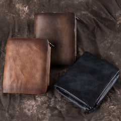 Cool Leather Brown Men's Zipper Blue billfold Small Wallet Trifold Wallet Card Wallet For Men - iwalletsmen