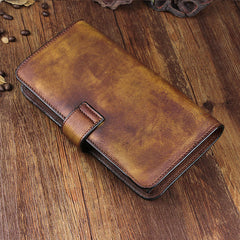 Cool Leather Brown Mens Long Wallet Gray Buckled Long Wallet Trifold Clutch Wallet for Men - iwalletsmen