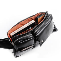 Cool PU Leather Men's Brown One Shoulder Backpack Black Chest Bag Sling Bag For Men - iwalletsmen