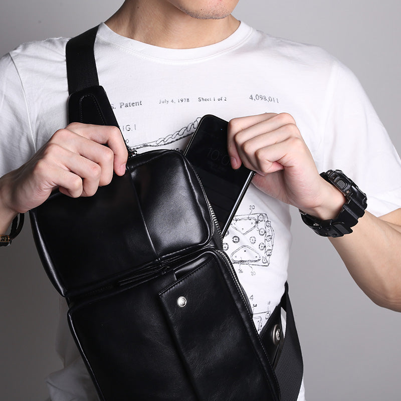 Cool PU Leather Men's Brown One Shoulder Backpack Black Chest Bag Sling Bag For Men - iwalletsmen