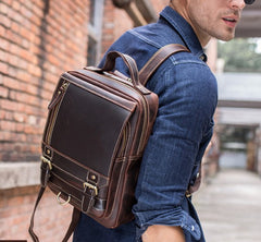 Cool Leather Coffee Mens Backpack Vintage School Backpack Laptop Backpack for Men - iwalletsmen