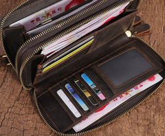 Cool Leather MensLong Wallet Double Zipper Clutch Wallet Wristlet Wallet - iwalletsmen