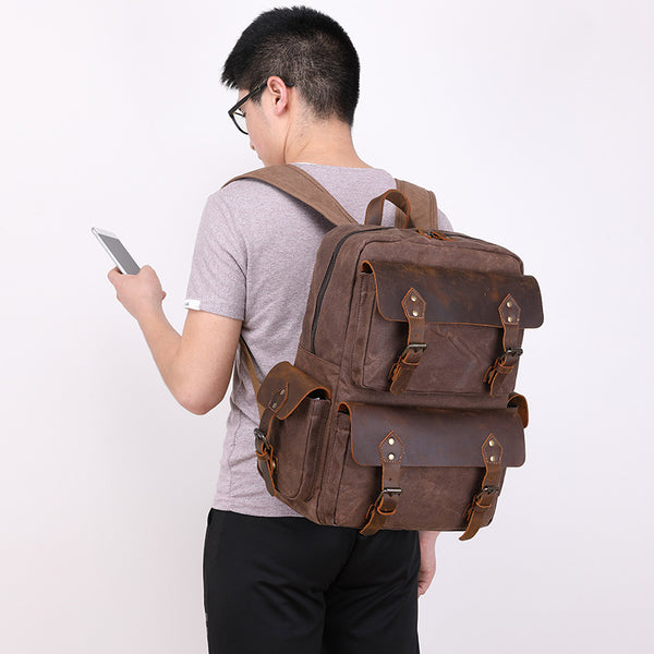 Cool Leather Mens 14 inches Brown Backpack Large Cool Vintage Large Travel Backpack for Men - iwalletsmen