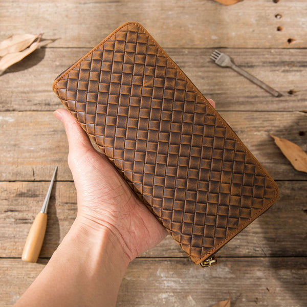 Cool Leather Mens Braided Long Zipper Clutch Wallet Long Wallet for Men - iwalletsmen