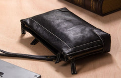 Cool Leather Mens Clutch Wristlet Bag Black Zipper Clutch Wallet for Men