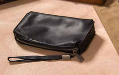 Cool Leather Mens Clutch Wristlet Bag Black Zipper Clutch for Men