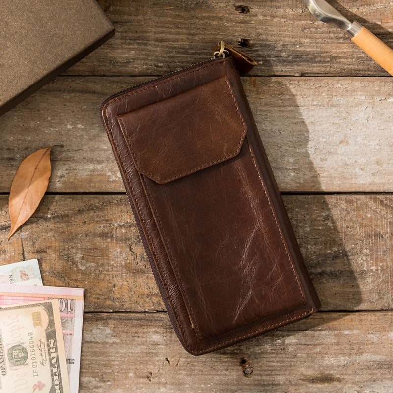 Cool Leather Mens Coffee Long Zipper Clutch Wallet Long Wallet for Men - iwalletsmen