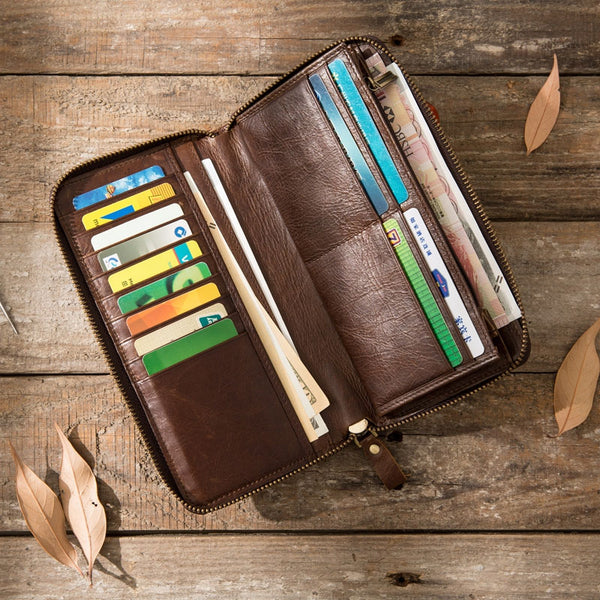Cool Leather Mens Coffee Long Zipper Clutch Wallet Long Wallet for Men - iwalletsmen