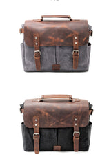 Cool Canvas Leather Mens Side Bag Black Shoulder Bag Khaki Messenger Bag for Men - iwalletsmen