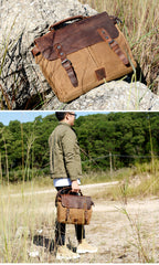 Cool Canvas Leather Mens Side Bag Black Shoulder Bag Khaki Messenger Bag for Men - iwalletsmen