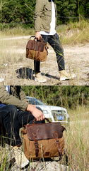 Cool Canvas Leather Mens Side Bag Black Shoulder Bag Khaki Messenger Bag for Men - iwalletsmen