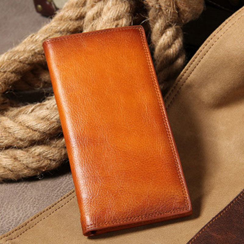 Cool Leather Mens Long Leather Wallet Bifold Slim Wallet for Men