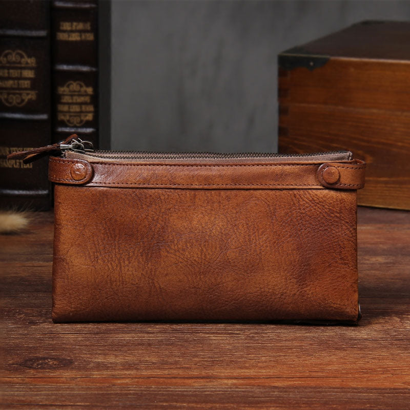 Cool Leather Mens Long Leather Wallet Bifold Vintage Brown Wallet for Men