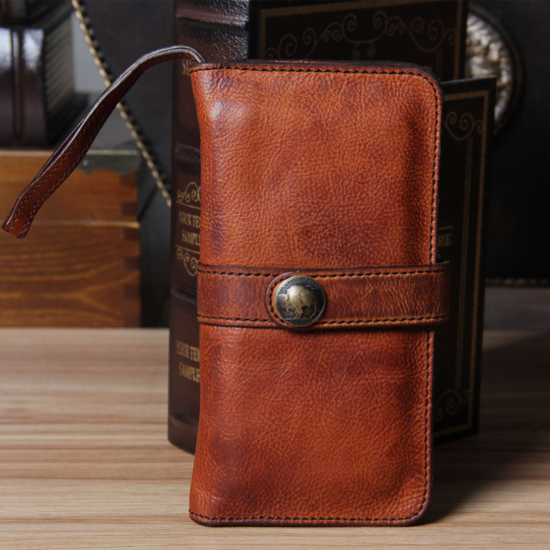 Genuine Leather Wallet Bifold Vintage Long Wallet Purse Clutch For Men