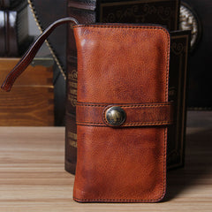 Cool Leather Mens Long Leather Wallet Bifold Vintage Brown Wallet for Men