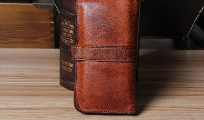 Cool Leather Mens Long Leather Wallet Bifold Vintage Brown Wallet