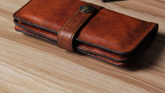 Cool Leather Mens Long Leather Wallet Bifold Vintage Brown Wallet for Men