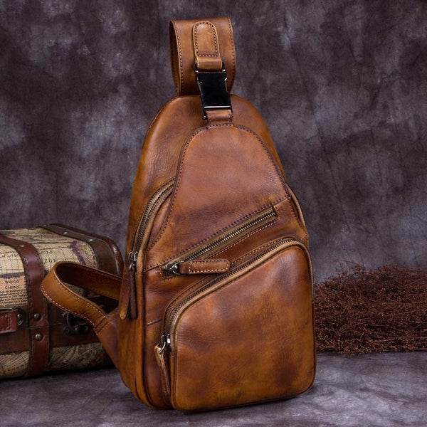Cool Leather Mens Sling Bag Crossbody Bag Chest Bag for men