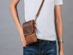 Cool Brown Leather Mens Mini Shoulder Bag Belt Pouch Waist Bag For Men - iwalletsmen